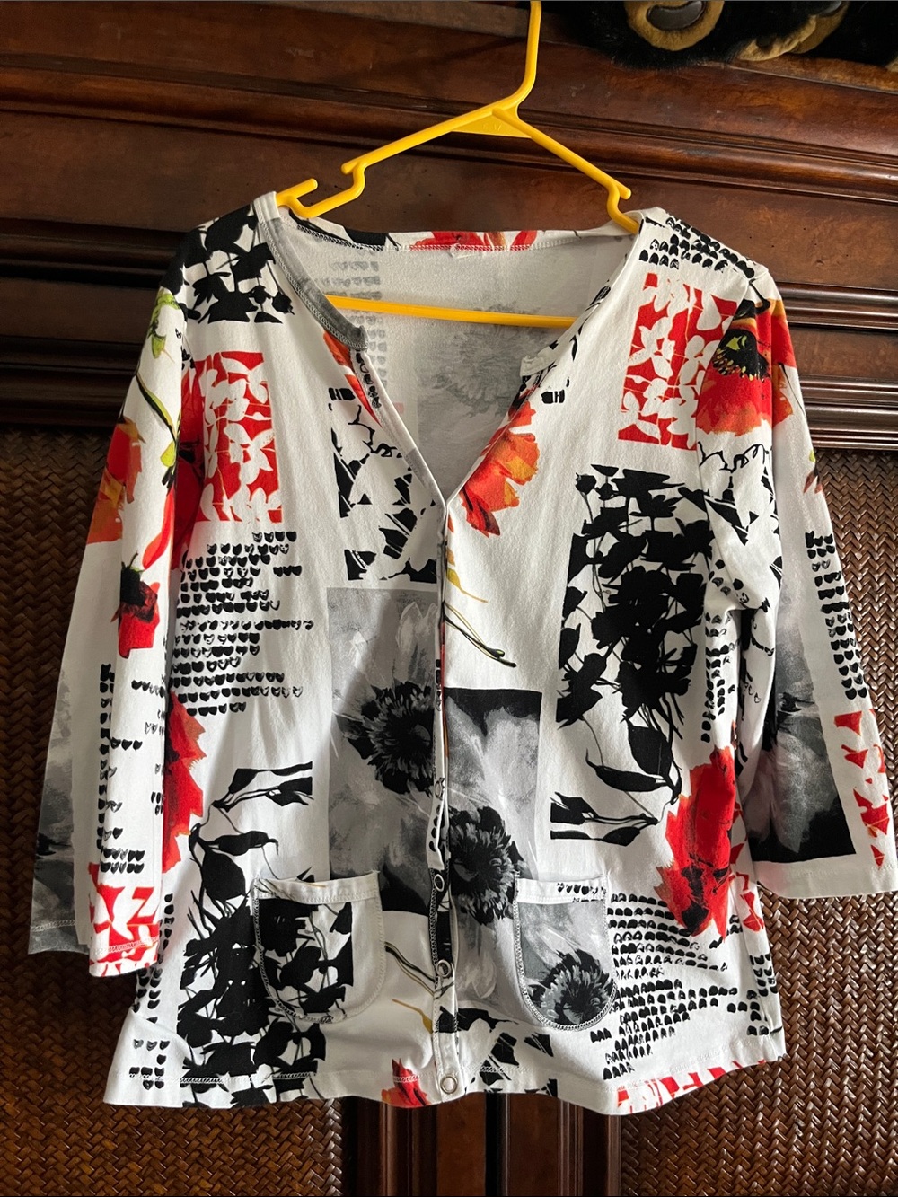 Snap-Front Floral Patchwork Jacket - White with Red & Black